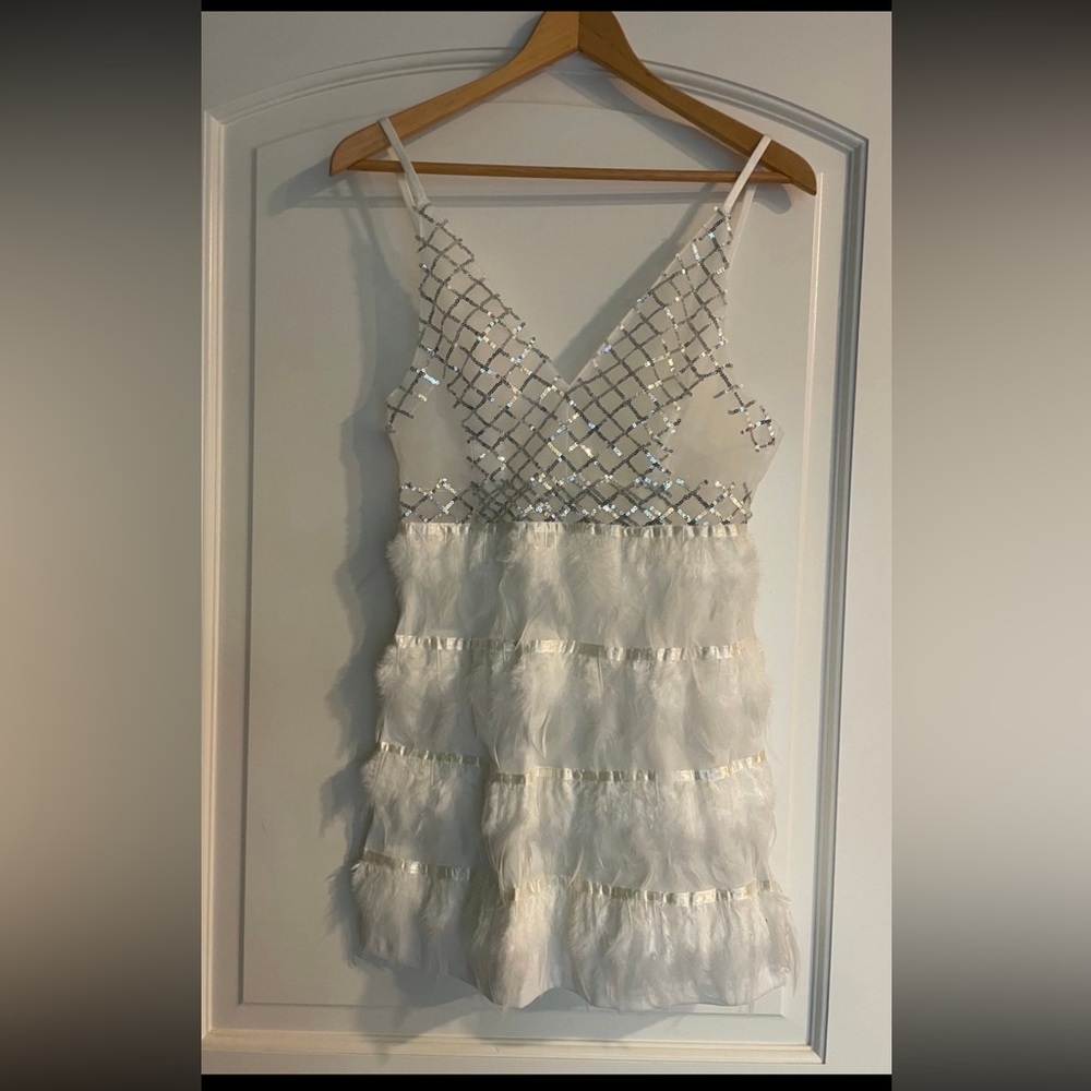 White Beaded Feather Feminine Cocktail Mini Dress